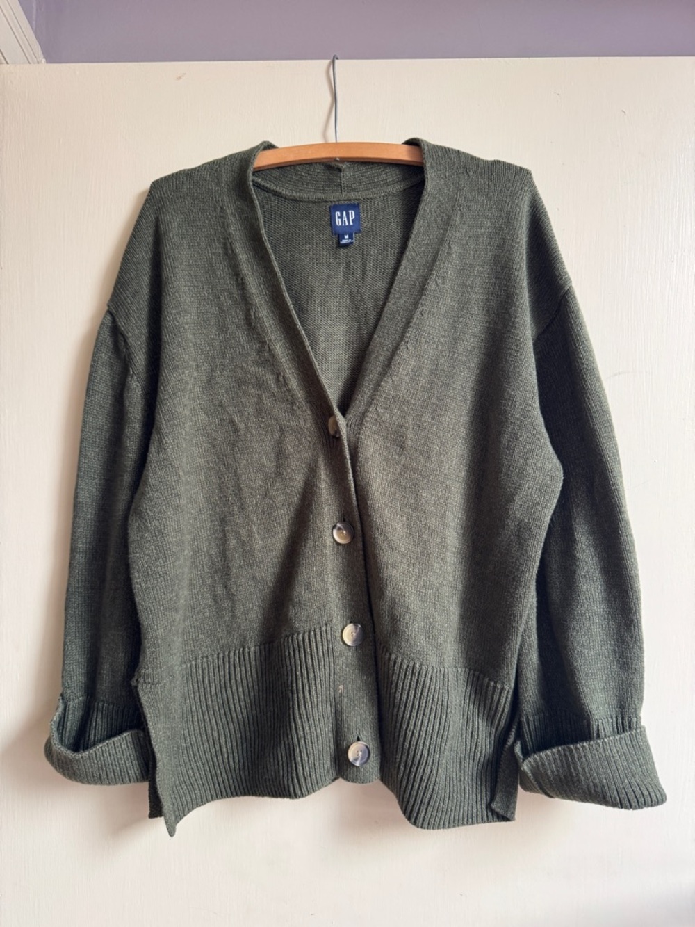 GAP Olive Green Split Hem Button-Up Cardigan
